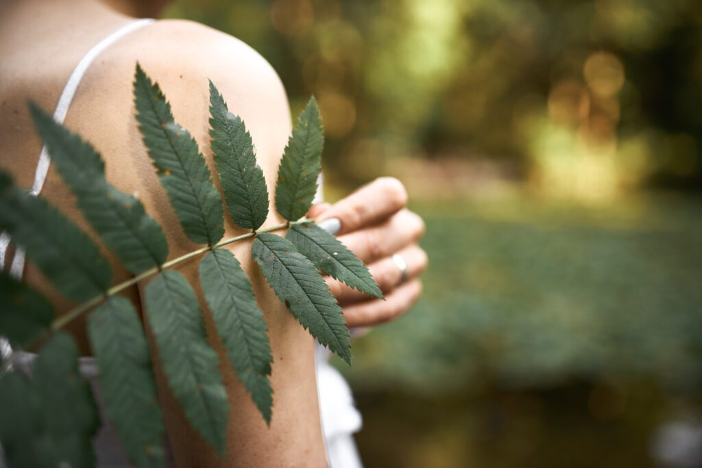 Cropped image of unknown mysterious young woman posing in park, holding green leaf while relaxing outdoors on sunny day. Close up of fern plant in female hand. Botany, nature and flora concept