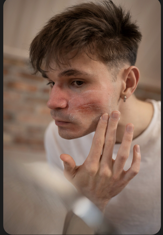 Hombre que se ocupa de la condición de la piel de la rosácea en la cara